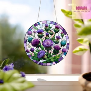 Purple Thistles Acrylic Window Hanging: Floral Kitchen Decor
