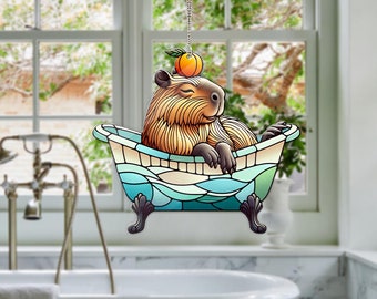 Capybara in Bathtub Acrylic Window Hanging: Funny Animal Art
