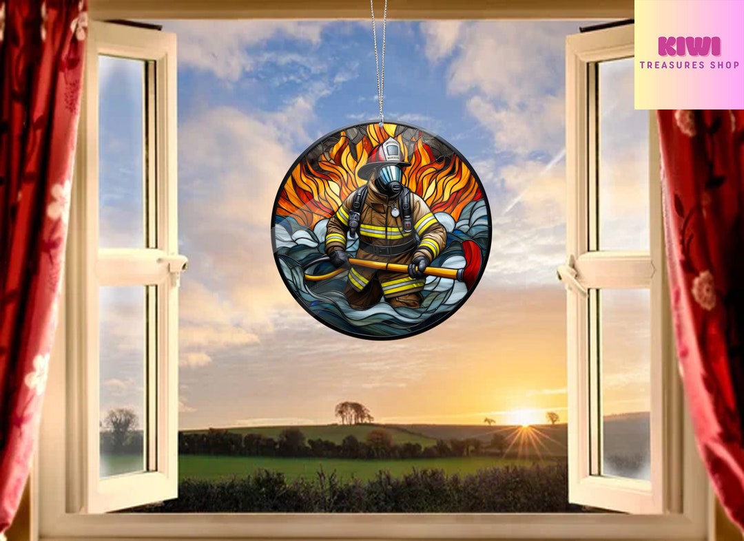 Window Stack Firefighter ACRYLIC Firefighter Window Hanging, Fireman Window Hanging, Father's ...