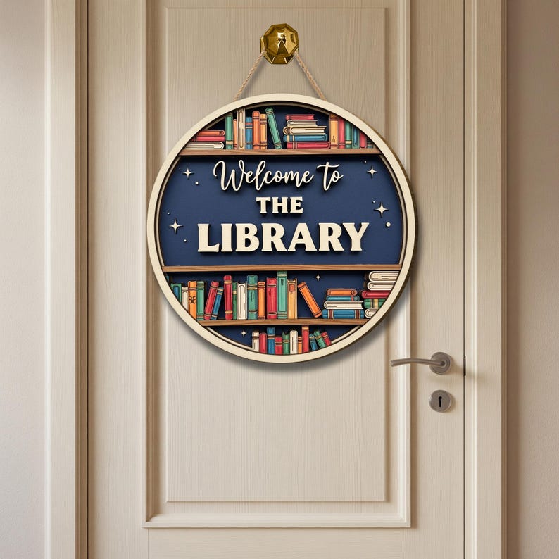 Wooden Library Sign – Layered Bookshelf Door Decor, Teacher Gift - Etsy
