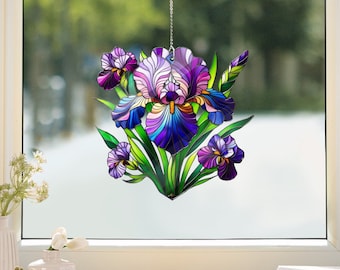 Iris Flower Acrylic Window Hanging: Faux Stained Glass Art