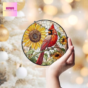 Kardinal und Sonnenblumen GLAS Suncatcher aufhängen, Vögel Glas hängen, Kardinal Suncatcher, Sonnenblumen Liebhaber Idee Geschenk, Küchendekor