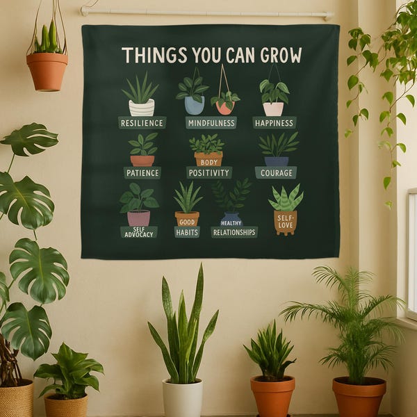 Tapiz "Cosas que puedes cultivar": Decoración para la salud mental, pancarta para consultorio de terapia.