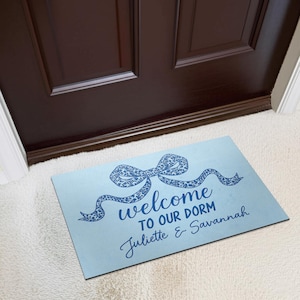 Custom Chinoiserie Doormat: Blue Floral Bow, Personalized Welcome Mat