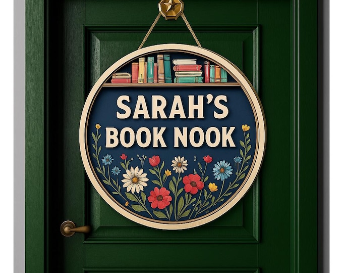 Custom Book Nook Door Hanger: Floral Bookshelf Reading Corner Sign