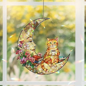 Cat Mom Suncatcher: Holographic Moon Window Hanging