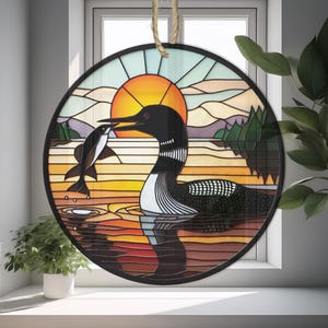Loon bird sunset Suncatcher Ornament, Loon bird decor, Loon bird lover, Home decor, Gift for dad, Bird nerd,  NOT glass, Window hanging