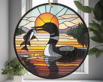 Acchiappasole al tramonto a forma di strolaga: decorazione per la casa sul lago, regalo per gli amanti degli uccelli