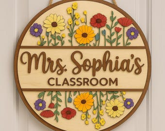Personalized Teacher Door Sign: Custom Wood Classroom Decor with Flowers