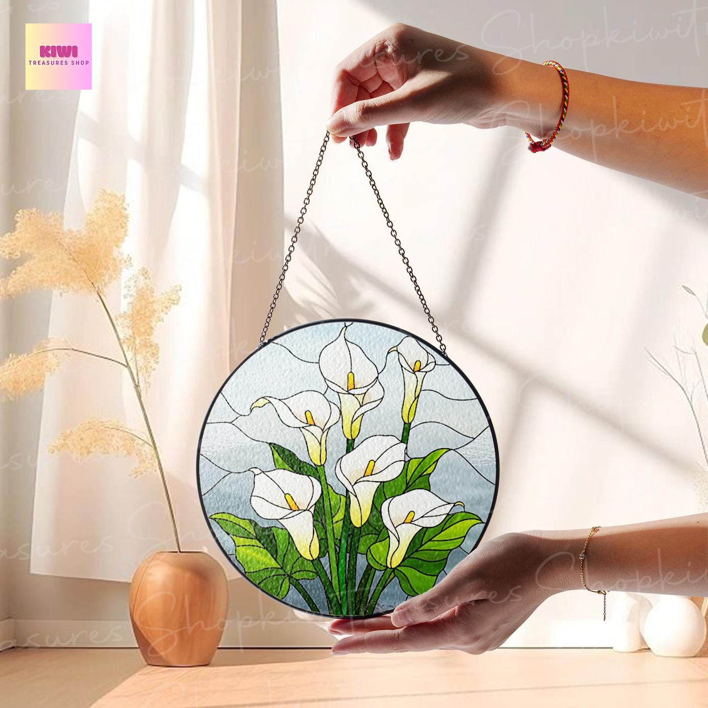 DASTOLL Buntglas-Fensterbehang – Weiße Calla-Lilie, Sonnenfänger, 24,9 Cm, Mit Aufhängekette
