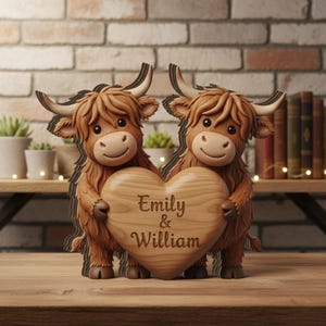May include: A layered wooden decorative ornament featuring two brown Highland cows standing side by side, holding a large wooden heart between them. The heart is engraved with the text Emily & William in a dark brown script font.