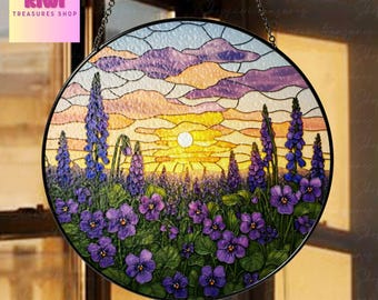 Violet Flower Field Sunset Glass Suncatcher: Window Ornament
