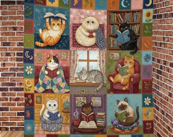Cat Quilt Blanket: Reading Theme, Book Lover Illustrations, Patchwork Style