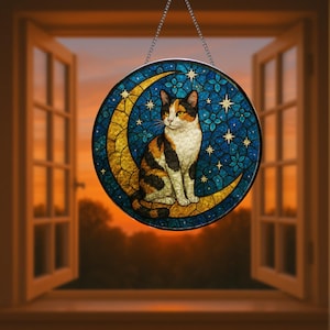 Cat On Moon Glass Suncatcher: Calico Cat Ornament