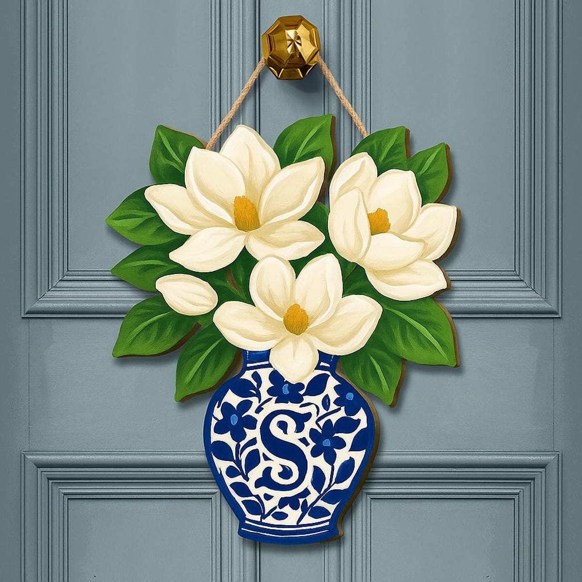 Magnolia Chinoiserie Monogram Door Hanger: Blue & White Floral Spring Decor - Etsy