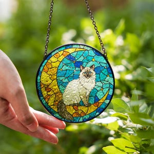 Katze auf Mond Glas Suncatcher hängend | Ragdoll Katze Ornament |  Ragdoll Katze Geschenk | Wohnkultur für Katzenliebhaber | Katzen Mama Geschenk