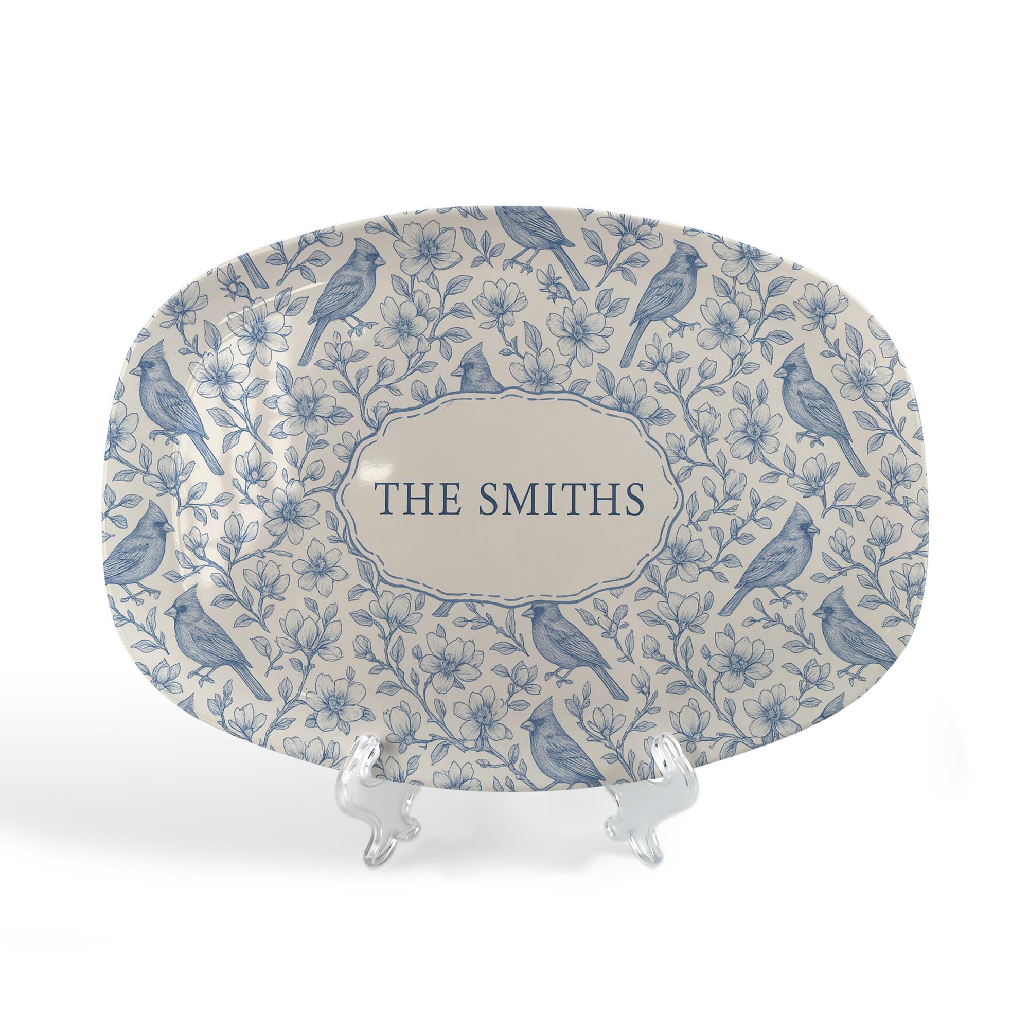 Custom Cardinal Magnolia Platter | Toile de Jouy style Family Name Plate | Personalized Bird Floral Dish | Elegant Cottagecore Home Gift