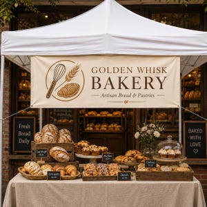 May include: A white canopy tent features a banner for Golden Whisk Bakery with a whisk and wheat graphic. A table displays various baked goods including sourdough loaves, muffins, and pastries in wooden crates, with small black price signs.