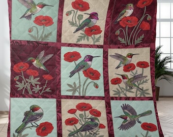 Manta acolchada con diseño de colibríes y amapolas, ropa de cama floral con estampado de pájaros estilo patchwork.