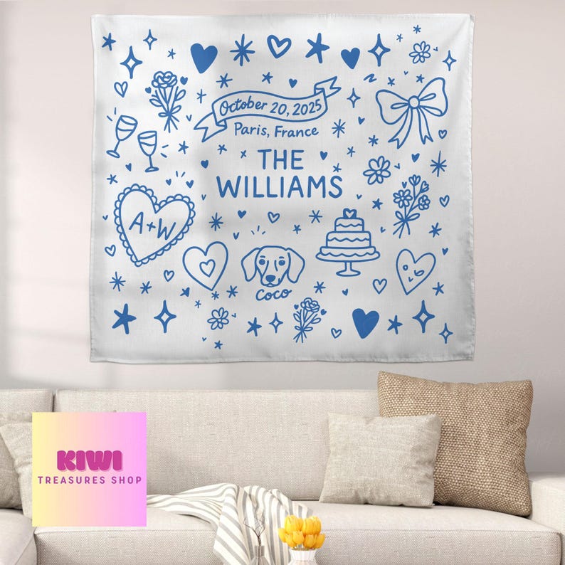 May include: White tapestry with blue illustrations, including hearts, flowers, stars, and a bow. Text reads "October 20, 2025, Paris, France, The Williams." Features a heart with "A+W" and a dog named "Coco."