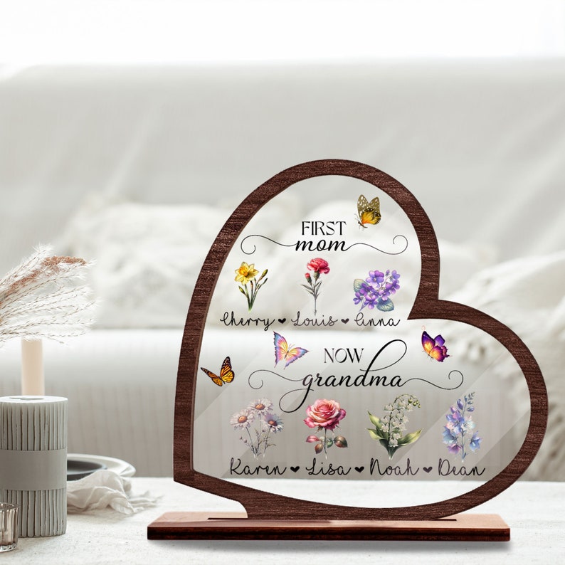 Personalized First Mom, Now Grandma Heart Acrylic Plaque, Birth Month ...