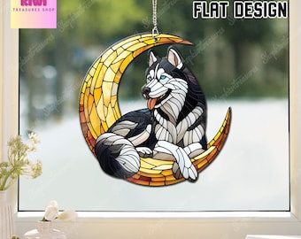 Husky on Moon Acrylic Window Hanging: Dog Lover Gift
