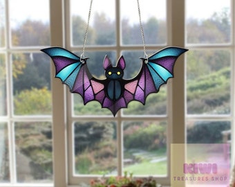 Bat Acrylic Window Hangings, Bat Stained Glass Inspired Art, Faux Stained Glass, Spooky Stained Glass Decor