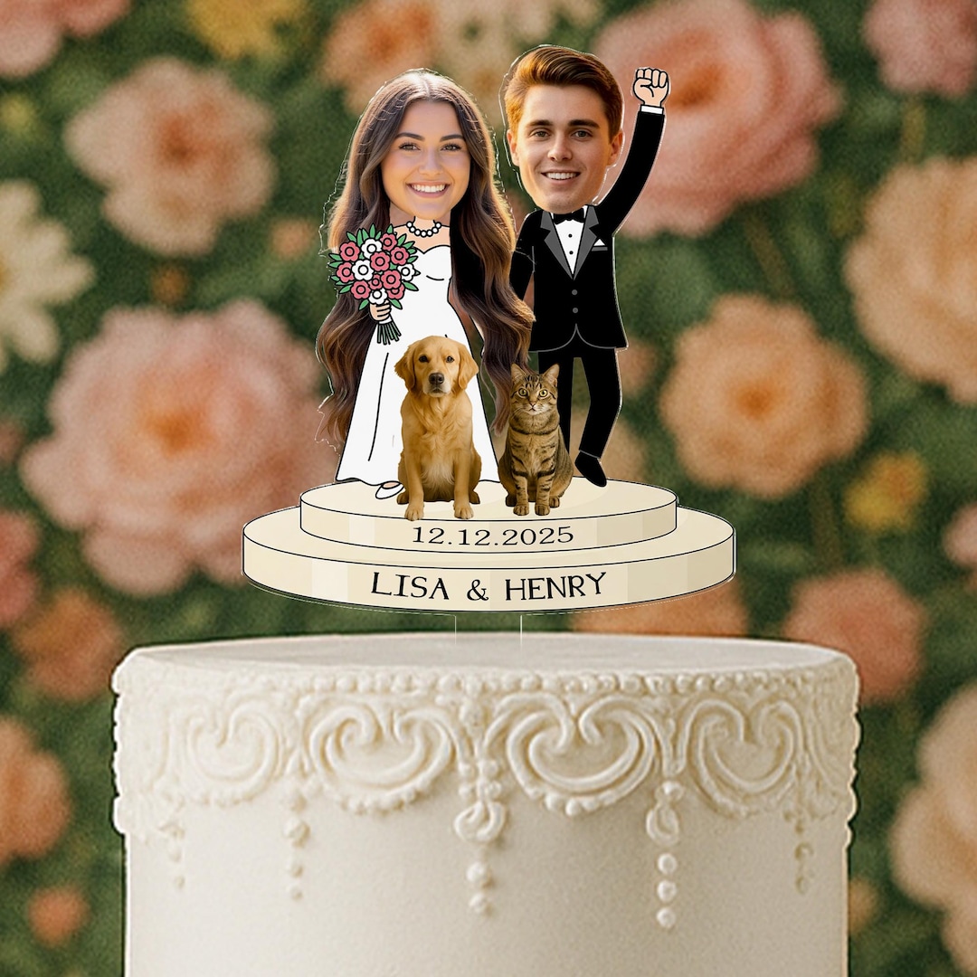 Custom Photo Wedding Cake Topper: Personalized Cartoon Couple Figurine ...