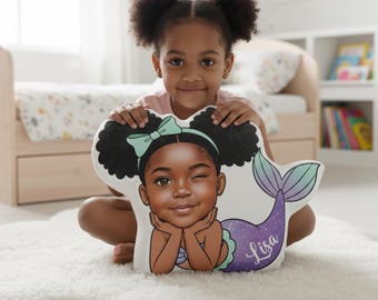 Custom Face Mermaid Plush Pillow: Personalized African Girl Portrait Kids Room Decor
