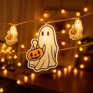 Ghost Pumpkin String Lights: Wooden Halloween Garland, Indoor Party Decor
