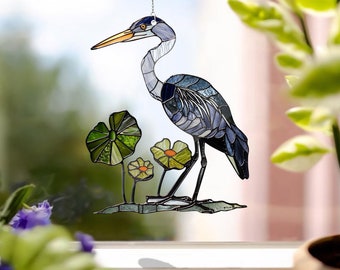 Grey Heron Acrylic Window Hanging, Egret Bird lovers gift, Bird Nerds, Mothers day gift, faux stained glass, Not Suncatcher
