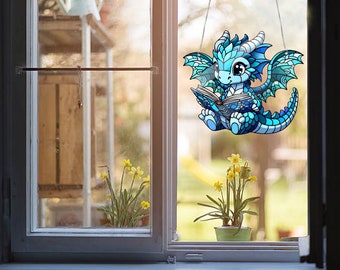 Book Dragon Acrylic Window Hanging: Faux Stained Glass Art