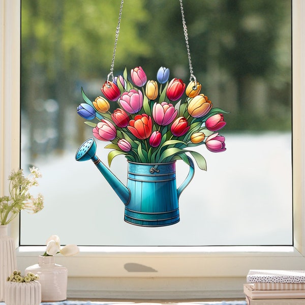 Blühender Tulpentopf im Buntglas-Stil, Acryl-Fensterbehang, Wandkunst, Blumenstrauß aus Tulpen, Blumentopf, Muttertagsgeschenk