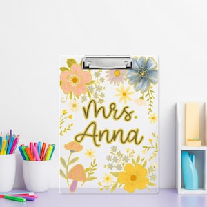 Personalized Teacher Clipboard: Floral Acrylic Office Decor, Custom Name