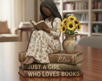 Bloque de madera de lectura personalizado: Decoración impresa personalizada de niña afroamericana leyendo