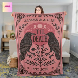 Til Death Custom Couple Blanket, Gothic Raven Moon Phase Throw, Dark Romance Wedding Gift, Personalized Est. Year Decor