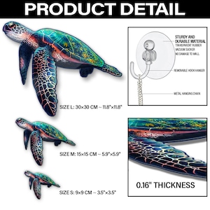 Puede incluir: Un conjunto de tres calcoman&iacute;as de pared de tortuga marina 3D coloridas en diferentes tama&ntilde;os. Las calcoman&iacute;as est&aacute;n hechas de caucho transparente duradero con una ventosa para colgar f&aacute;cilmente. La calcoman&iacute;a m&aacute;s grande mide 30 cm por 30 cm, la calcoman&iacute;a mediana mide 15 cm por 15 cm y la calcoman&iacute;a m&aacute;s peque&ntilde;a mide 9 cm por 9 cm. Cada calcoman&iacute;a viene con un gancho de suspensi&oacute;n extra&iacute;ble y una cadena de suspensi&oacute;n de metal.