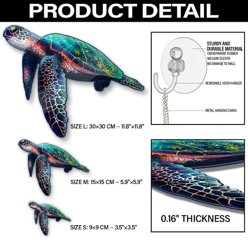 Puede incluir: Un conjunto de tres calcoman&iacute;as de pared de tortuga marina 3D coloridas en diferentes tama&ntilde;os. Las calcoman&iacute;as est&aacute;n hechas de caucho transparente duradero con una ventosa para colgar f&aacute;cilmente. La calcoman&iacute;a m&aacute;s grande mide 30 cm por 30 cm, la calcoman&iacute;a mediana mide 15 cm por 15 cm y la calcoman&iacute;a m&aacute;s peque&ntilde;a mide 9 cm por 9 cm. Cada calcoman&iacute;a viene con un gancho de suspensi&oacute;n extra&iacute;ble y una cadena de suspensi&oacute;n de metal.