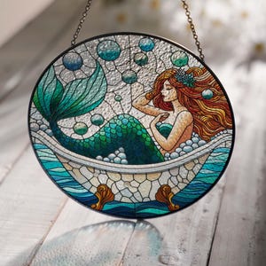 Mermaid in Bathtub Glass Suncatcher: Bathroom Window Hanging