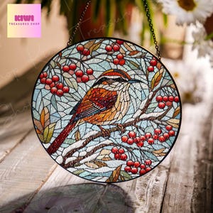 Carolina Wren on Red berries branch GLASS Hanging, Winter landscape, Carolina Wren suncatcher, bird watching gift, Christmas gift