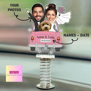 Custom Wedding Car Photo Standee – Personalized Spring Acrylic Couple Figurine with Pet – Funny Just Married Cake Topper