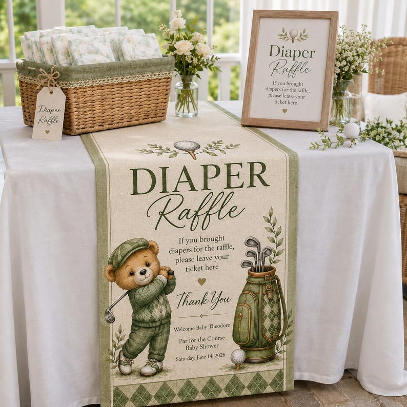 Green Raffle Sign Linen Welcome Table Tapestry, Golf Baby Shower Diaper Raffle Sign - Etsy