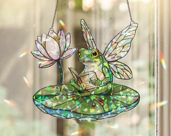 Fairy Frog Reading Book Decor: Hologram Window Hanging
