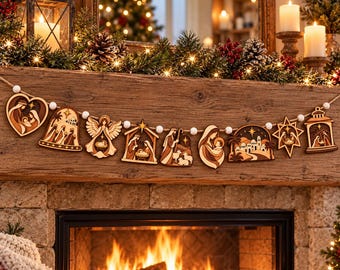 May include: A wooden garland featuring a series of laser-cut nativity scene ornaments strung together with white beads. The ornaments depict various figures including the holy family, an angel, a shepherd, and a star, all in natural wood tones.