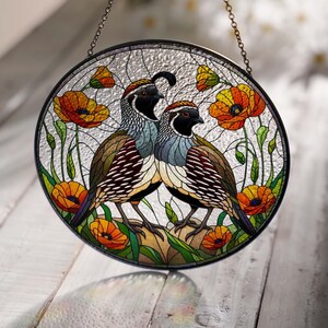 California Quail & Poppies Glass Suncatcher - Bird Lover Decor