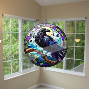 Raven Acrylic Window Hanging: Gothic Faux Stained Glass Art