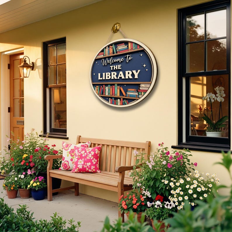 Wooden Library Sign – Layered Bookshelf Door Decor, Teacher Gift - Etsy