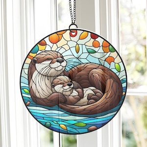 Otter Mom and Kid Suncatcher Ornament: Sea Animal Home Decoration