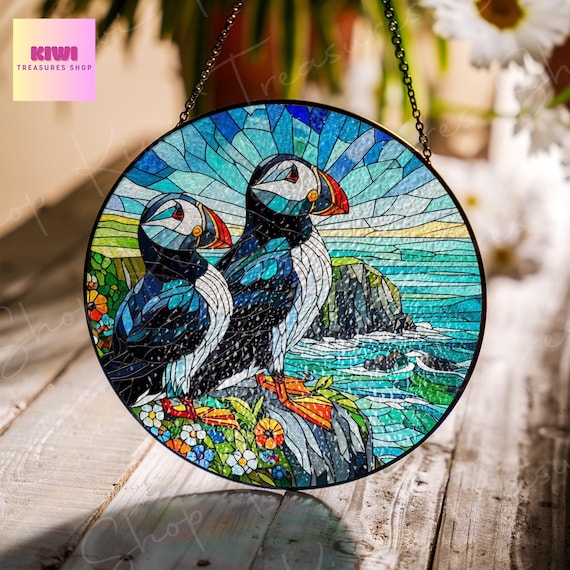 Puffin Couple Glass Suncatcher: Ireland Coastal Art Window Hanging