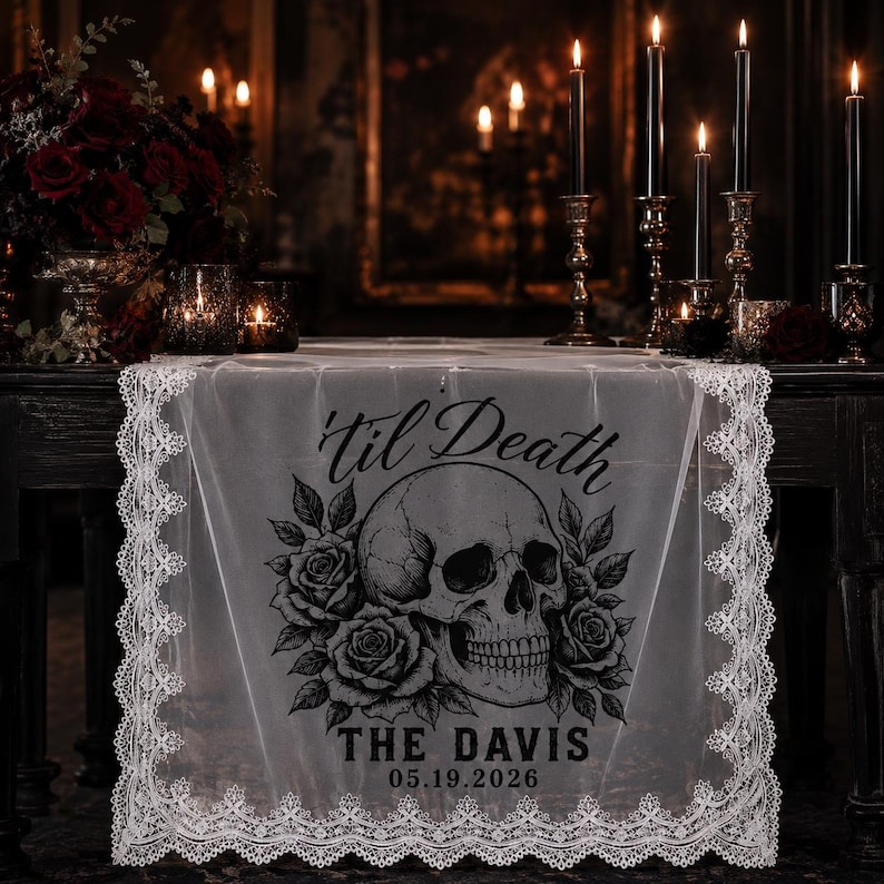 Custom Gothic Lace Table Sign, Skull Rose Wedding Reception Banner image 11